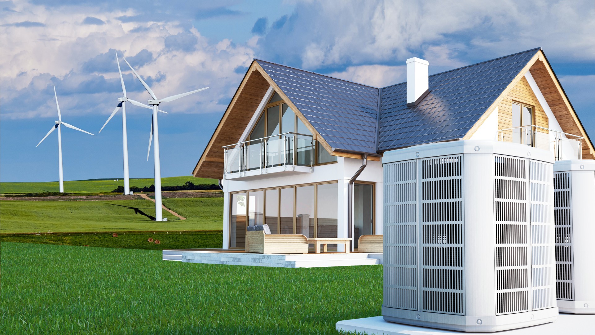 © iStock Ein Haus mit vielen Glasfenstern, links daneben stehen Windräder und rechts vorne stehen zwei große metallene Außengeräte mit Lüftungsgittern