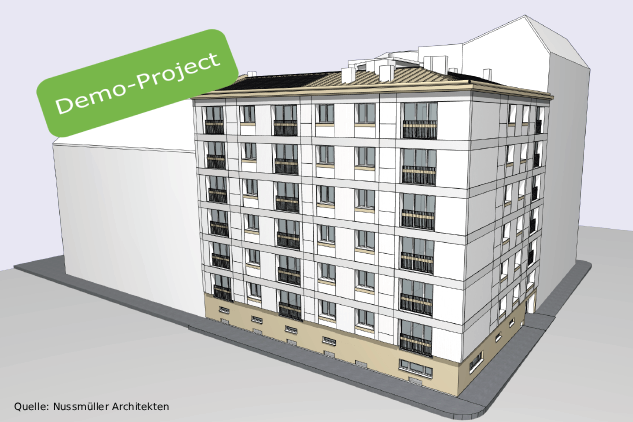 3D-Modell eines mehrstöckigen Wohngebäudes mit Balkonen und Fenstern mit Indikation "Demo-Project"