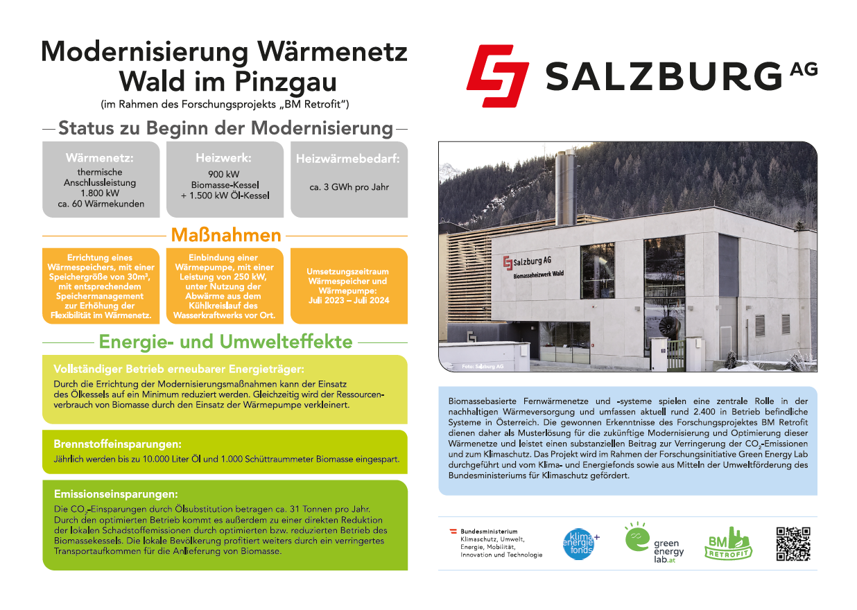 Schautafel mit Informationen zur Modernisierung des Wärmenetzes in Wald im Pinzgau im Rahmen des Projekts BM Retrofit