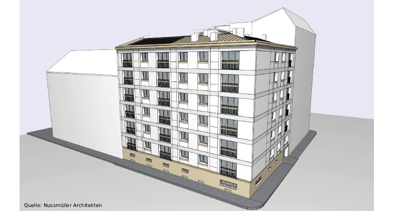 © Nussmüller Architekten 3D-Modell eines mehrstöckigen Wohngebäudes mit Balkonen und Fenstern