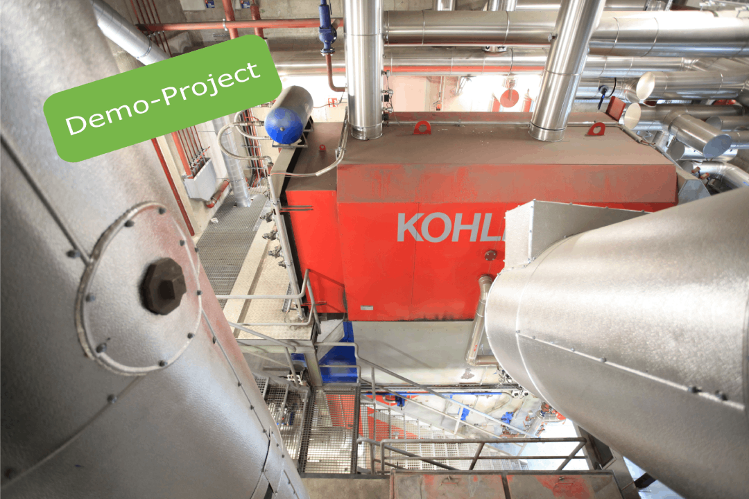 Boilers and pipes in a biomass heating plant labeled “Demo Project”
