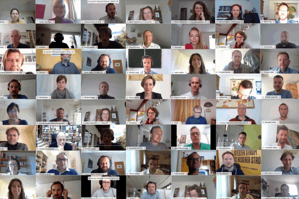 Collage von 56 Personen in einer Videokonferenz