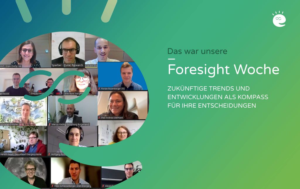 Sujet mit Titel „Foresight Woche: Zukünftige Trends und Entwicklungen als Kompass für Ihre Entscheidungen“ mit Fotos der Teilnehmenden der Videokonferenz in Form des Green Energy Lab Logos und grünem Hintergrund
