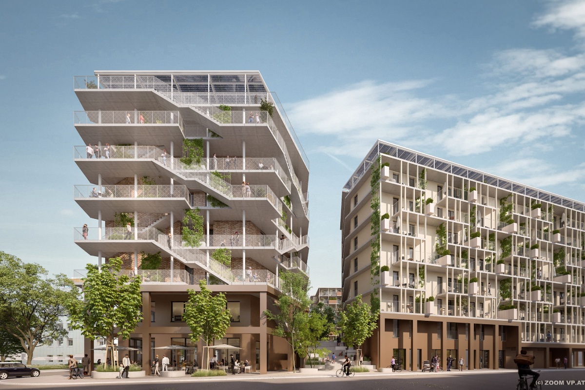 ÖGUT-Umweltpreis_Zukunftsquartier_Süba Pilzgasse_c_ZOOM VP Visualisierung von zwei Wohngebäuden mit Geschäftsfläche im Erdgeschoss