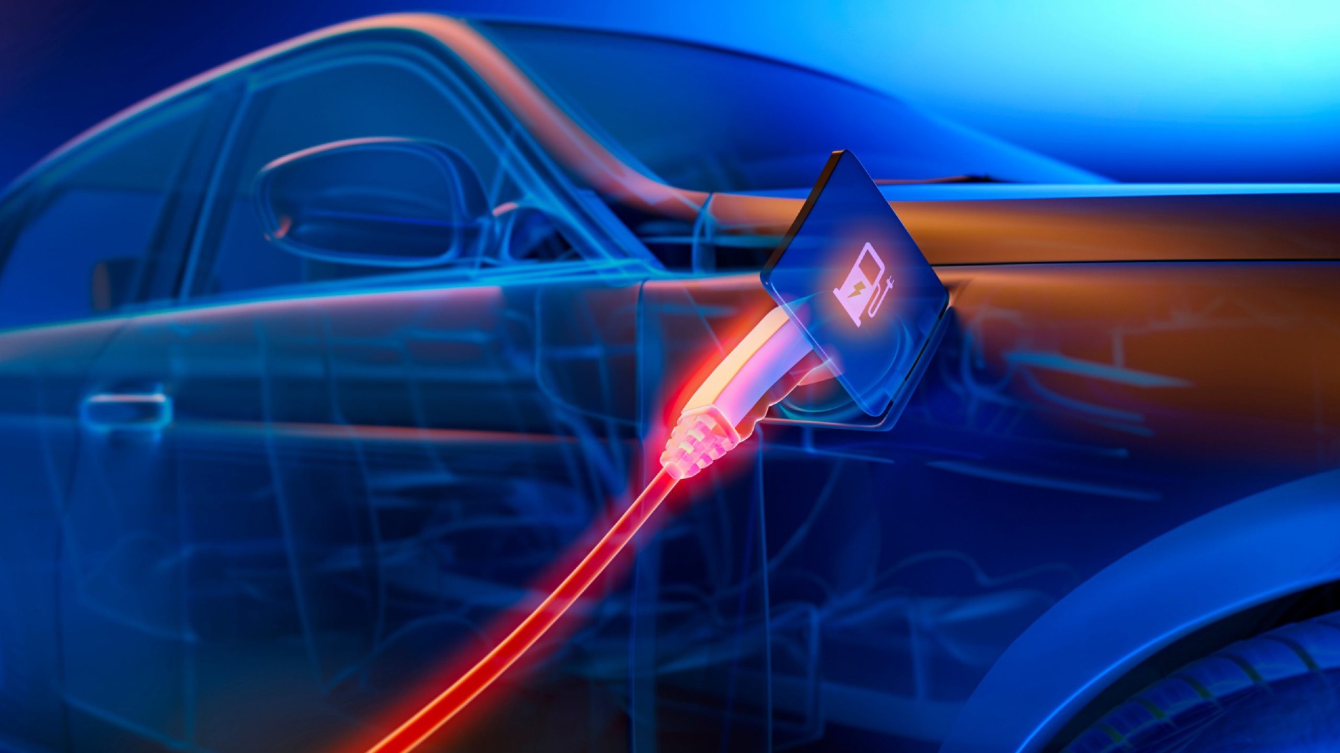 Technische Visualisierung eines E-Fahrzeugs, das gerade aufgeladen wird
