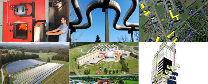 Sechs Bilder sind in einer Collage dargestellt. Das erste Bild zeigt einen Heizkessel mit einer Person daneben. Das zweite Bild zeigt metallene, erhöhte Rohre. Das dritte Bild zeigt eine Ortschaft aus der Vogelperspektive mit markierten Gebäuden. Das vierte Bild zeigt PV-Anlagen auf einem Feld. Das fünfte Bild zeigt eine Collage zweier Bilder von Thermen. Das sechste Bild zeigt eine schematische Darstellung einer Sanierung mit Bauelementen.