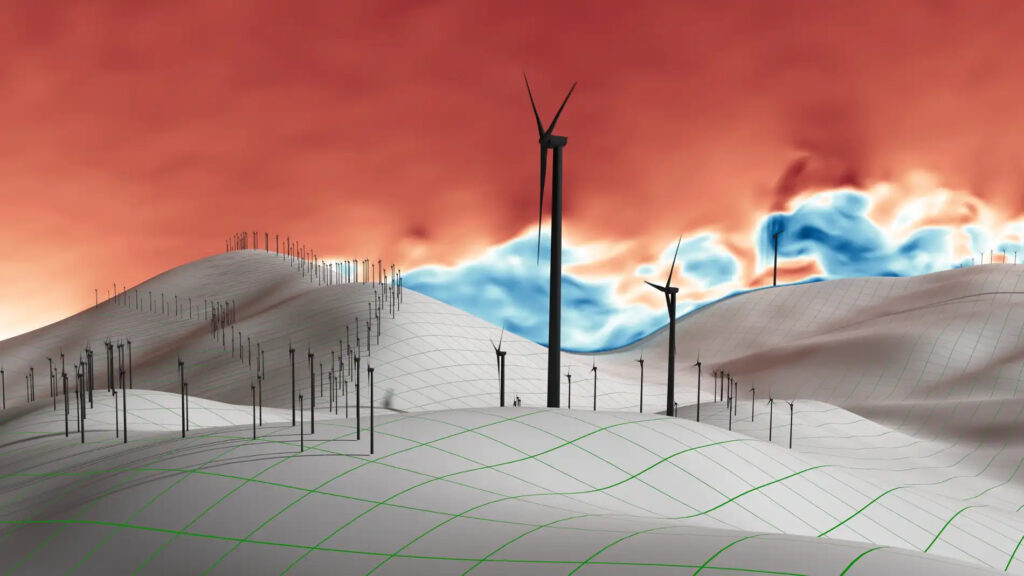 Schematische Darstellung von Hügeln mit Windrädern