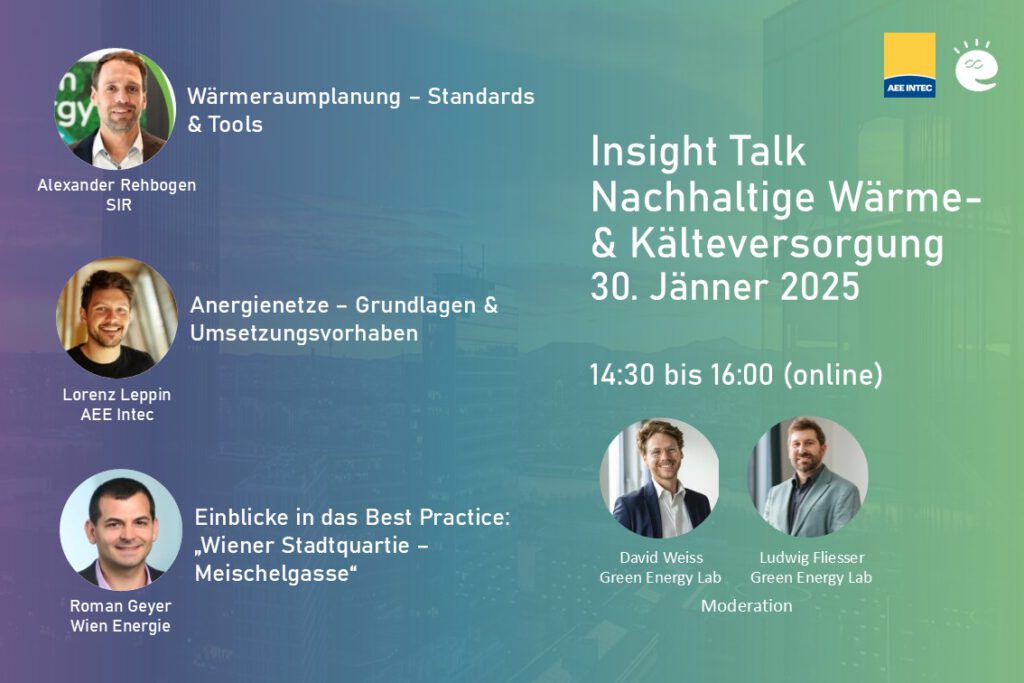 Sujet zum Insight Talk Nachhaltige Wärme- und Kälteversorgung mit Basisdaten zum Termin und Fotos der Präsentatoren und Moderatoren