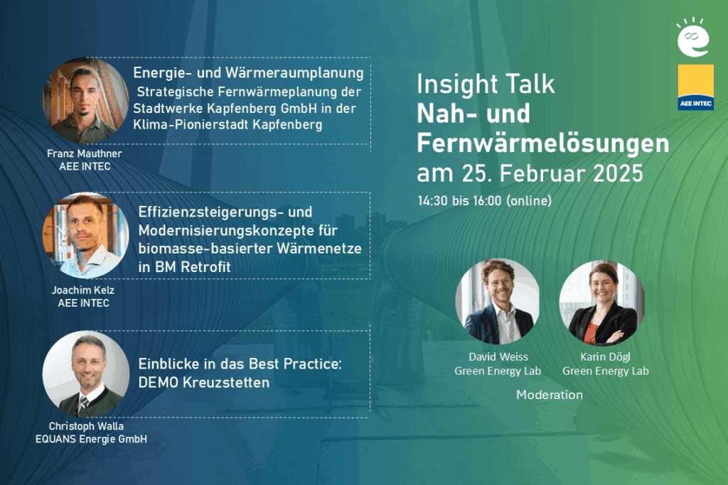 Sujet zum Insight Talk Nah- und Fernwärmelösungen mit Darstellung des Moderators und der Moderatorin und der drei Präsentatoren inklusive ihrer Themen