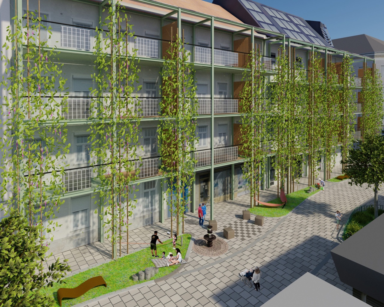 Depiction of a building with poles bearing plants attached to its façade and PV modules fixed to the balconies.