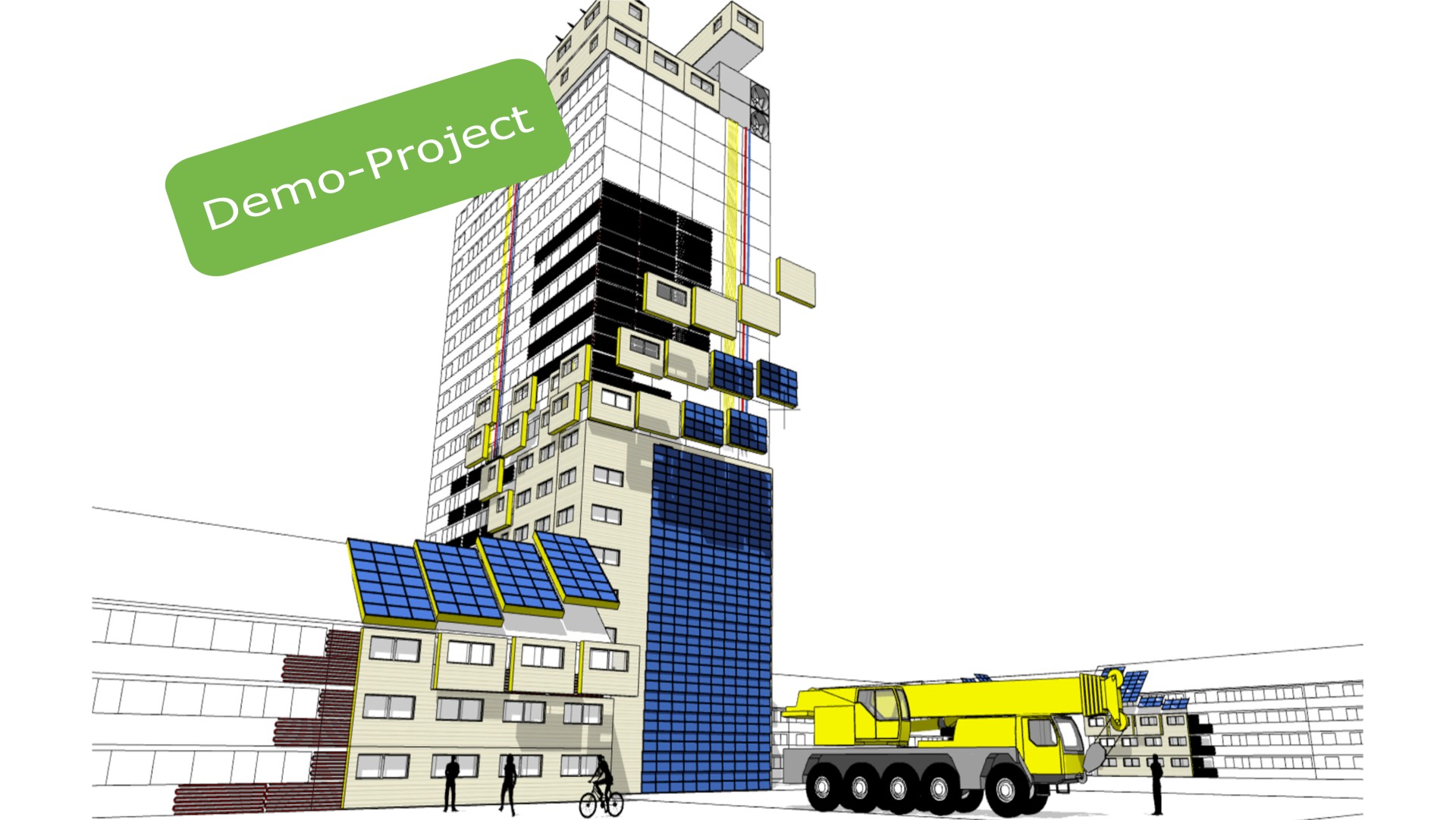 Schematische Darstellung eines Gebäudes, welches gerade von außen mit einzelnen Bauelementen saniert wird, mit Indikation "Demo-Project"