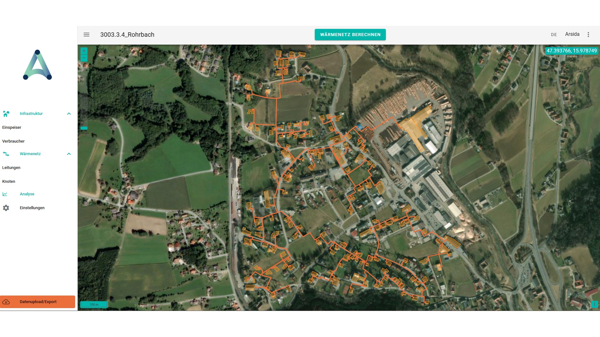 Screenshot einer Simulationsplattform, auf der ein Wärmenetz simuliert wird