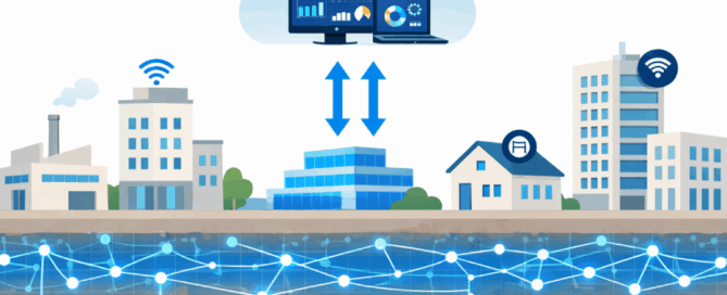 Illustration of a city with buildings, a cloud dashboard, and an underground pipeline network. Small devices are attached to the pipes; above them is a blue network of lines and dots.