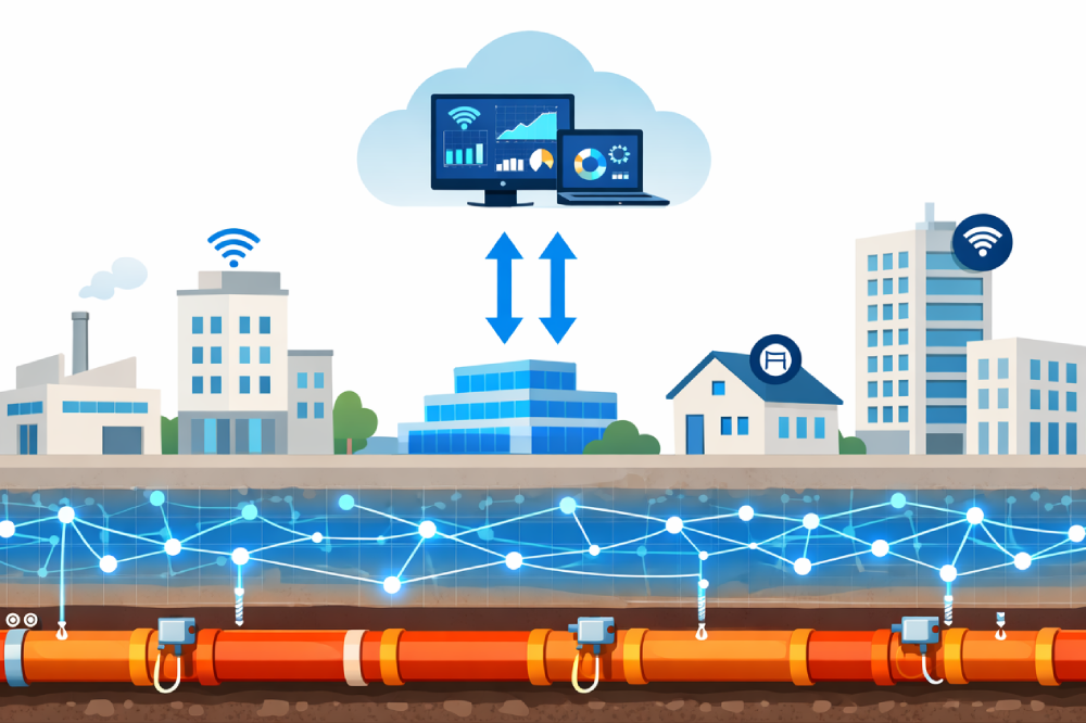 Sujet_Insight Talk_Digitalisierung für Wärmenetze Illustration einer Stadt mit Gebäuden, Cloud-Dashboard und unterirdischem Rohrleitungsnetz. An den Rohren sind kleine Geräte angebracht; darüber ist ein blaues Netzwerk aus Linien und Punkten zu sehen.